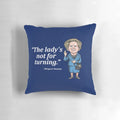 Plush pillow featuring a caricature of former UK Prime Minister Margaret Thatcher, the "Iron Lady