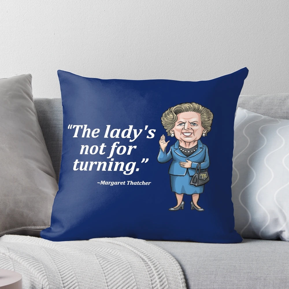 Plush pillow featuring a caricature of former UK Prime Minister Margaret Thatcher, the "Iron Lady