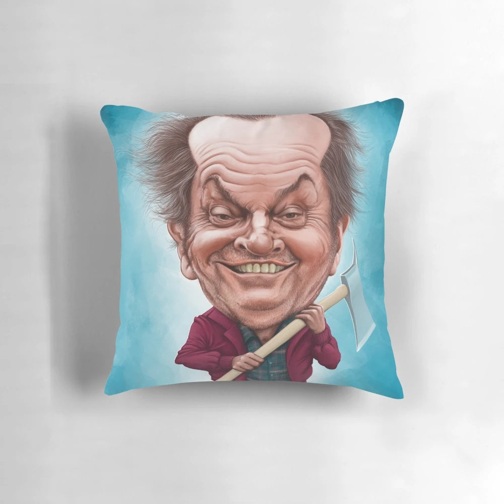 Colorful caricature of Jack Nicholson as his character from the film 'The Shining' printed on a decorative throw pillow.