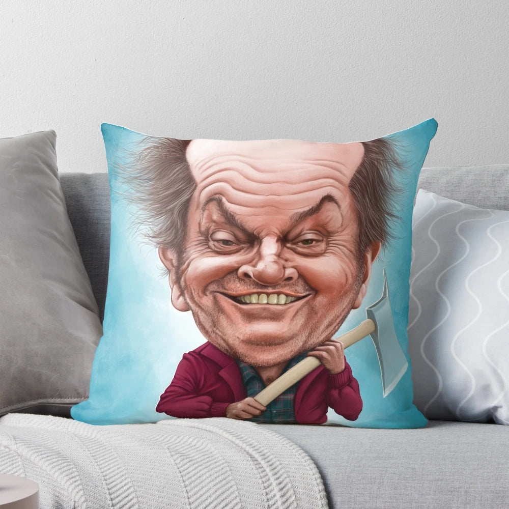 Colorful caricature of Jack Nicholson as his character from the film 'The Shining' printed on a decorative throw pillow.