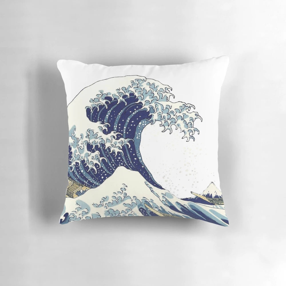 Artistic pillow featuring Hokusai's famous "Great Wave off Kanagawa" ocean wave design