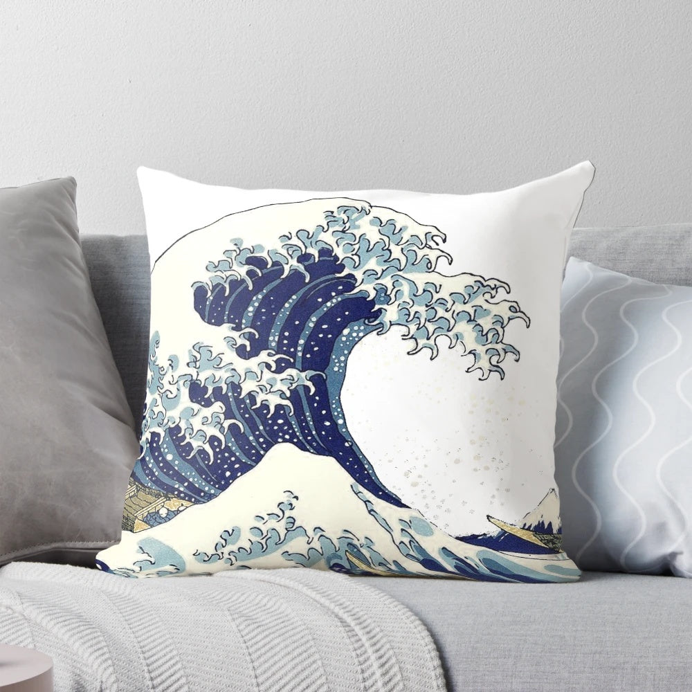 Artistic pillow featuring Hokusai's famous "Great Wave off Kanagawa" ocean wave design