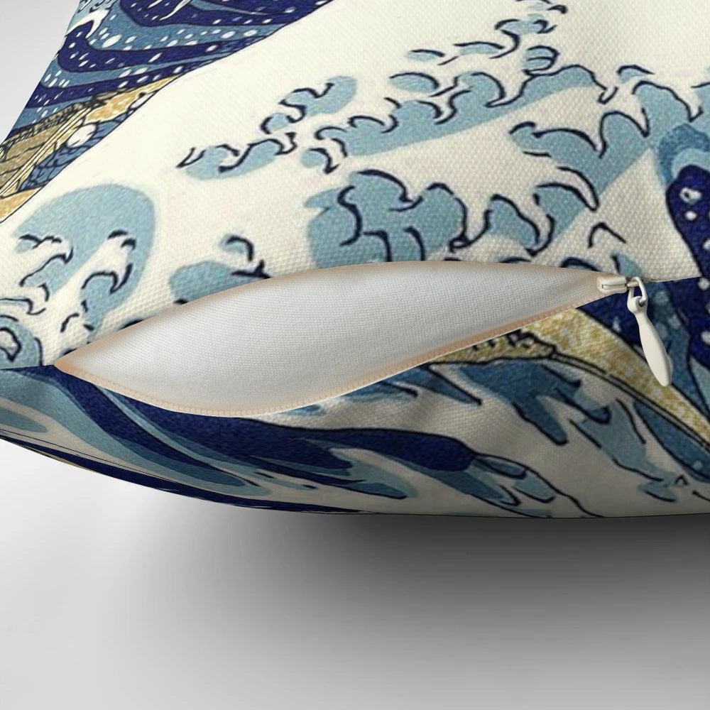 Artistic pillow featuring Hokusai's famous "Great Wave off Kanagawa" ocean wave design