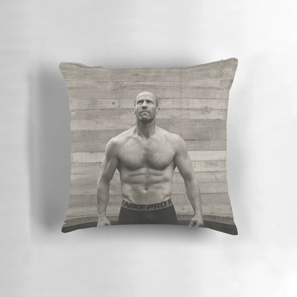 Plush pillow featuring a portrait of renowned action star Jason Statham