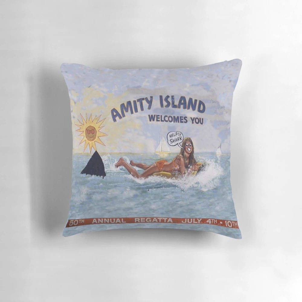 Amity Island Pillow featuring the iconic Great White Shark from the classic movie "Jaws"