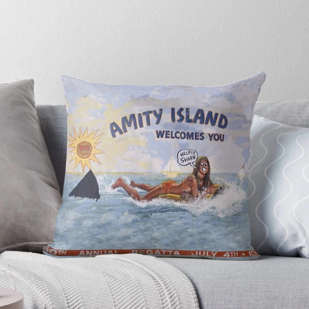 Amity Island Pillow featuring the iconic Great White Shark from the classic movie "Jaws"