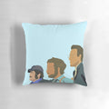 A minimalist blue and white pillow featuring the iconic silhouette of the shark from the classic film Jaws.