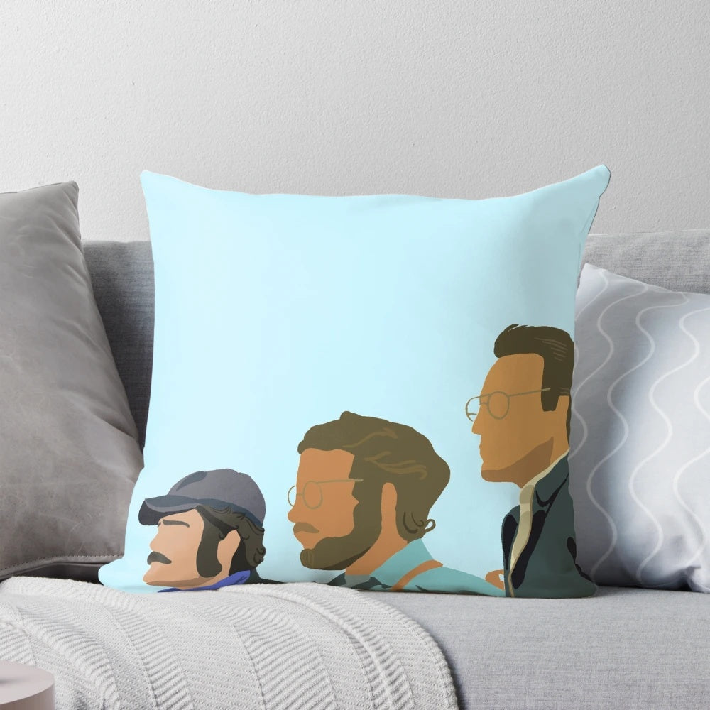 A minimalist blue and white pillow featuring the iconic silhouette of the shark from the classic film Jaws.