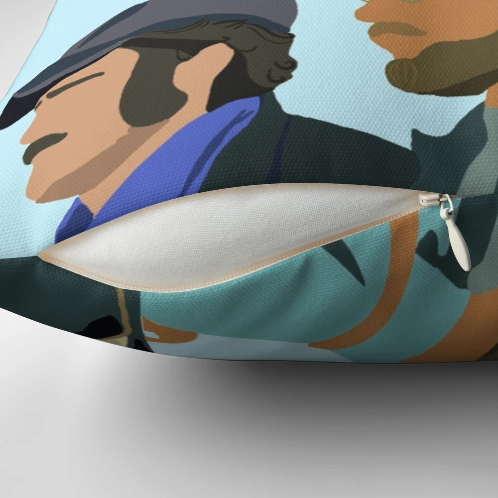 A minimalist blue and white pillow featuring the iconic silhouette of the shark from the classic film Jaws.