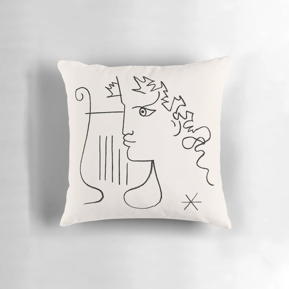 Minimalist black and white sketch of iconic French artist Jean Cocteau with a harp drawing.