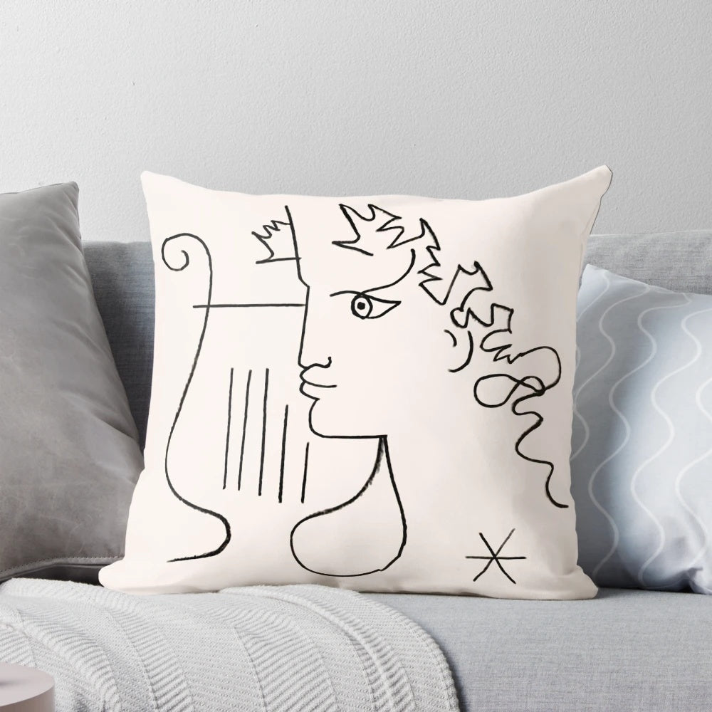 Minimalist black and white sketch of iconic French artist Jean Cocteau with a harp drawing.