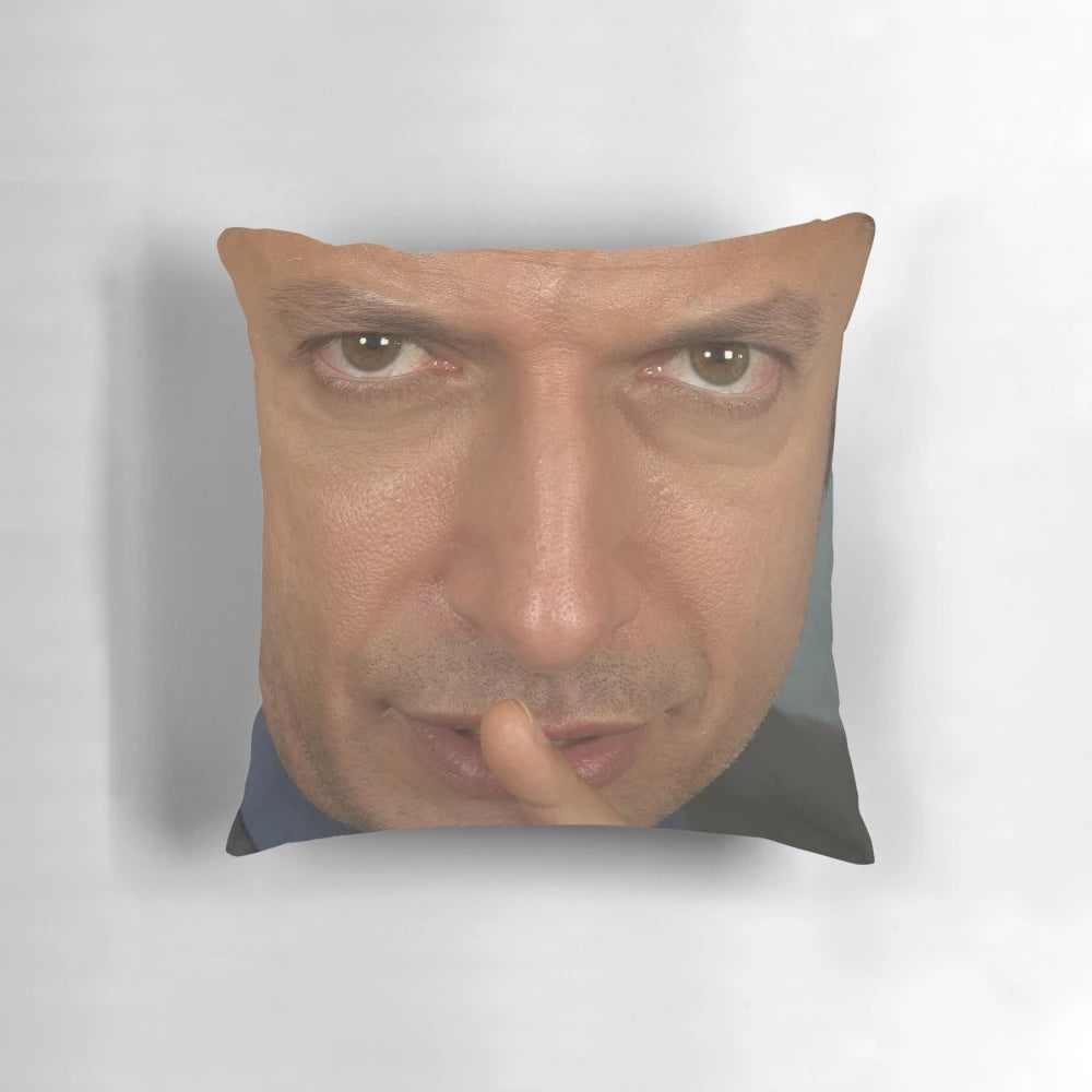 Jeff Goldblum Shush Face Throw Pillow featuring the iconic actor's famous gesture from Jurassic Park and Independence Day