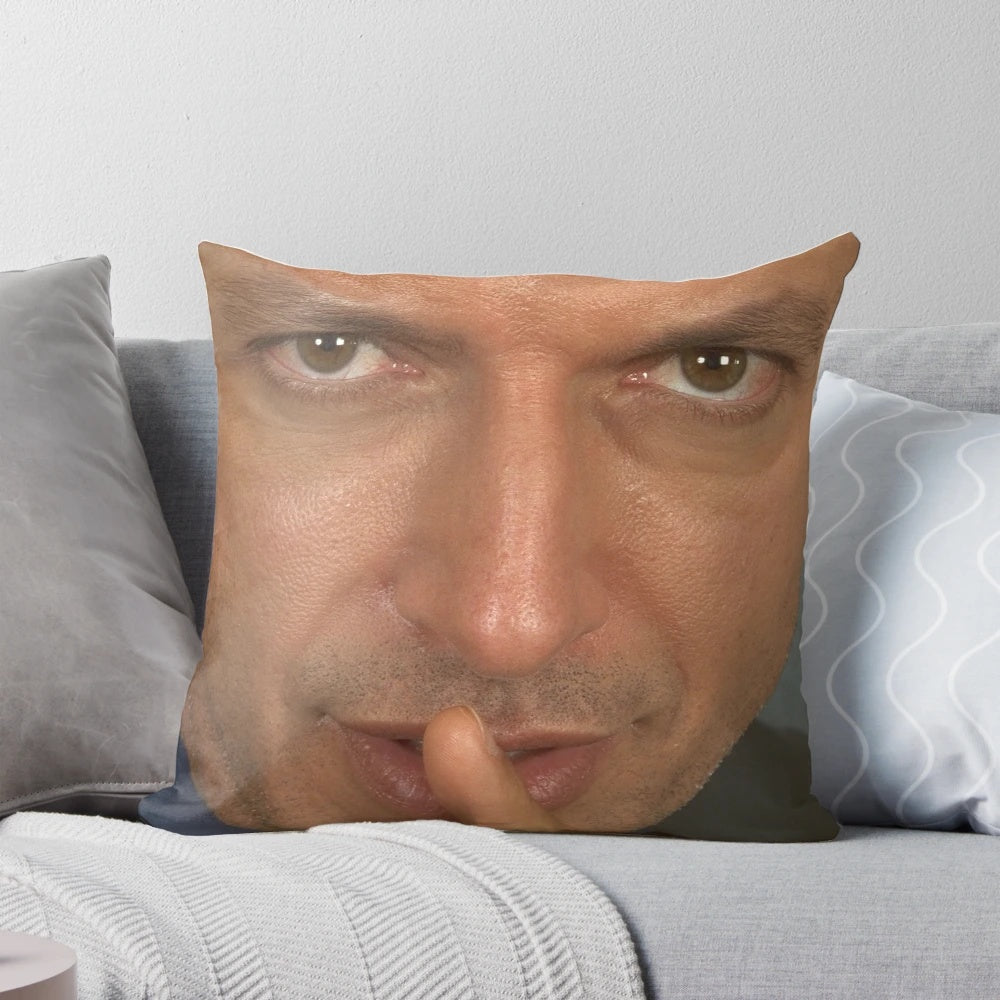 Jeff Goldblum Shush Face Throw Pillow featuring the iconic actor's famous gesture from Jurassic Park and Independence Day