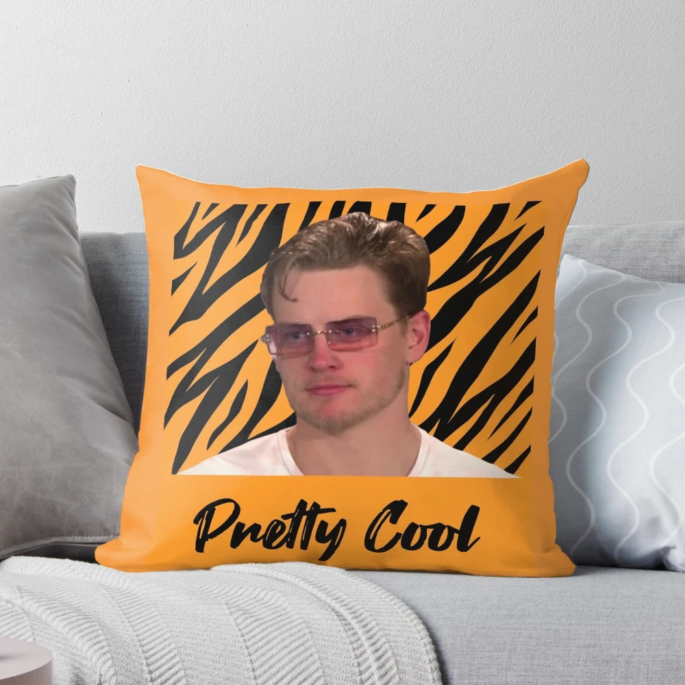 Joe Burrow wearing sunglasses, a popular meme from the 2022 NFL season, featured on a comfortable pillow