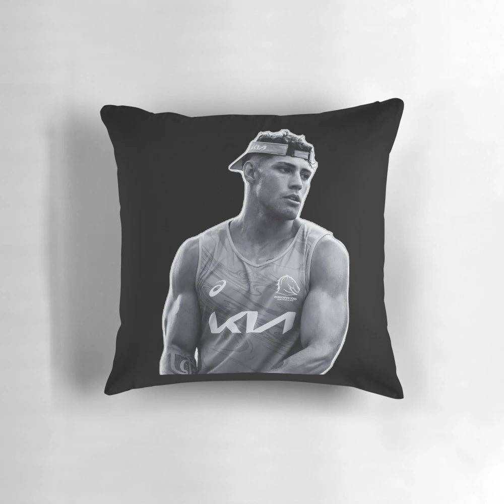 Jordan Riki's iconic black and white pillow design, perfect for NRL and football fans