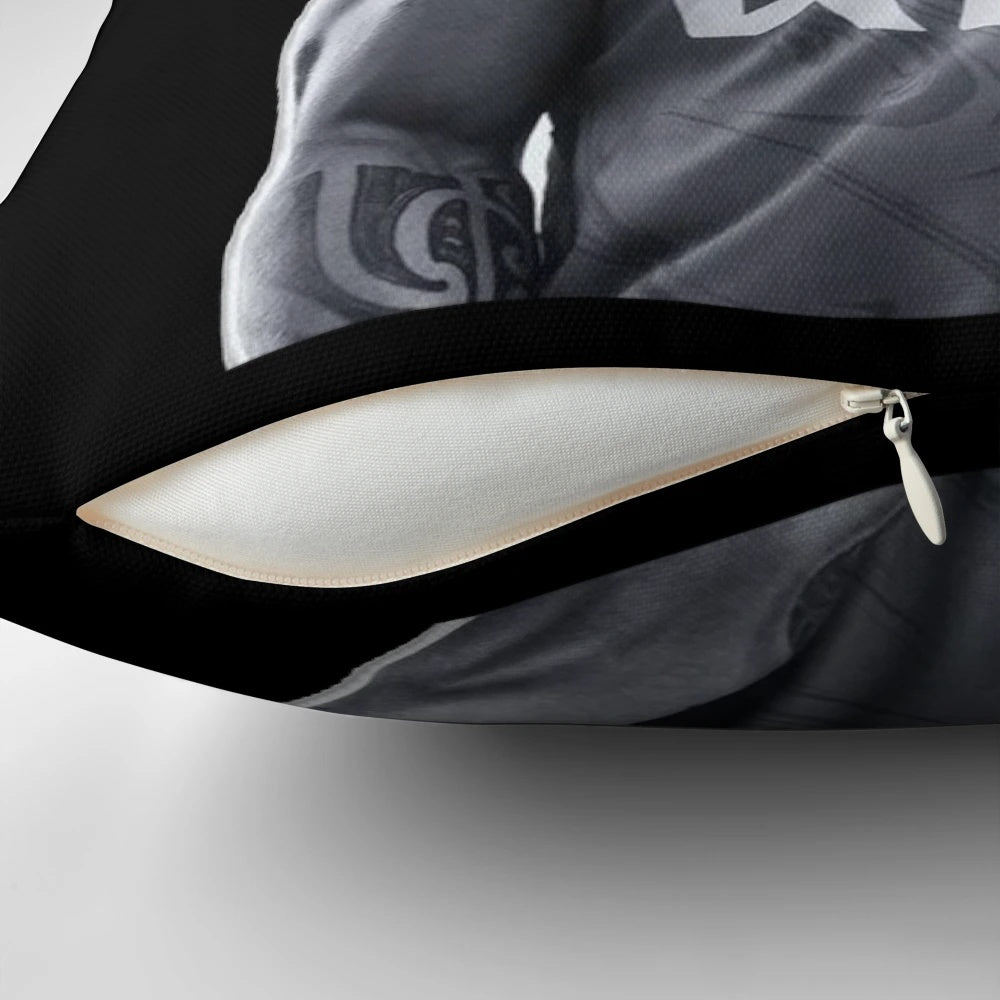 Jordan Riki's iconic black and white pillow design, perfect for NRL and football fans