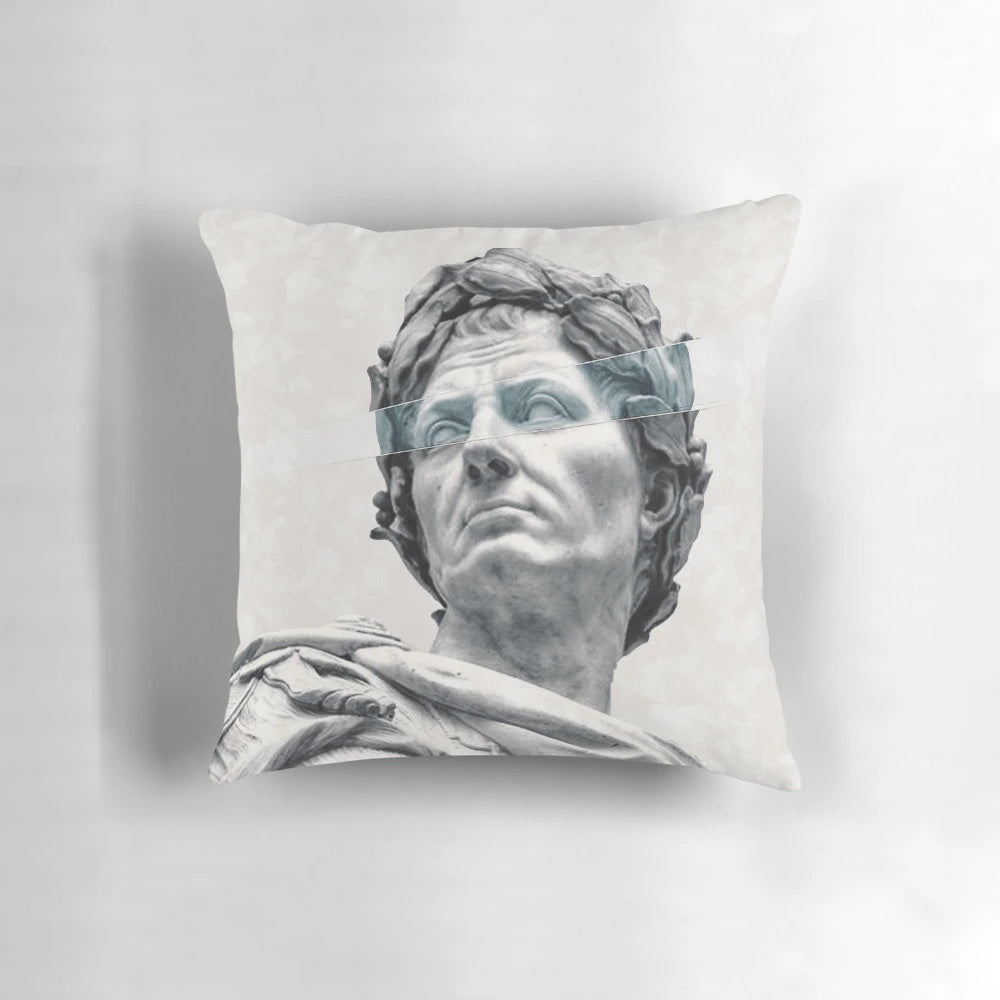 Artistic pillow design featuring a digital illustration of the iconic Julius Caesar sculpture