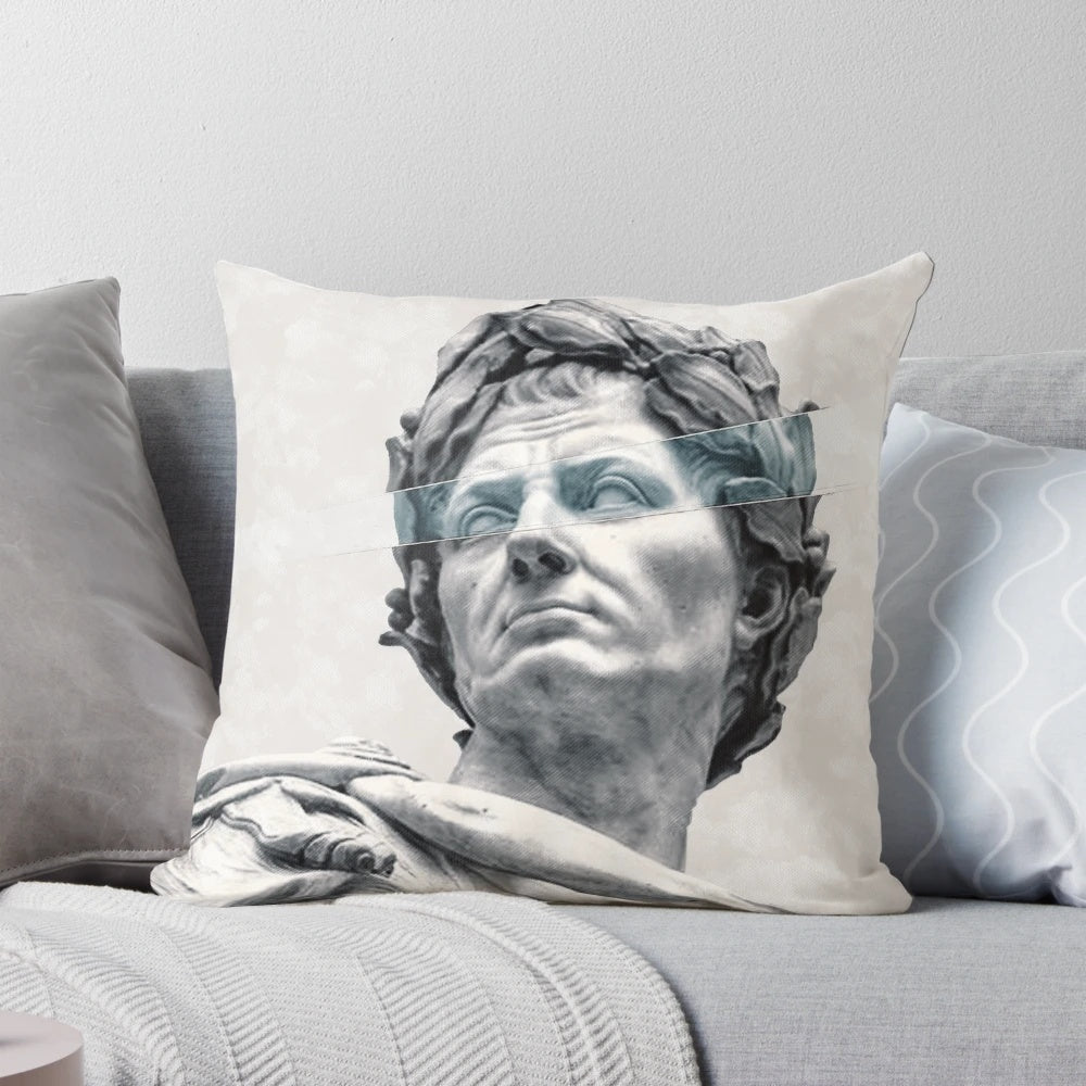 Artistic pillow design featuring a digital illustration of the iconic Julius Caesar sculpture