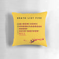 'Kill Bill' themed decorative pillow featuring Beatrix Kiddo's infamous death list