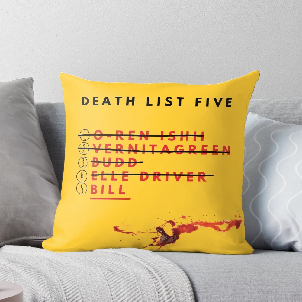 'Kill Bill' themed decorative pillow featuring Beatrix Kiddo's infamous death list