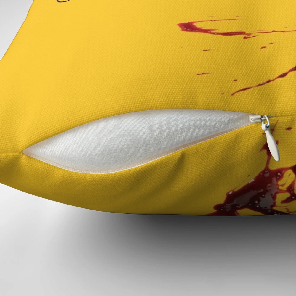 'Kill Bill' themed decorative pillow featuring Beatrix Kiddo's infamous death list