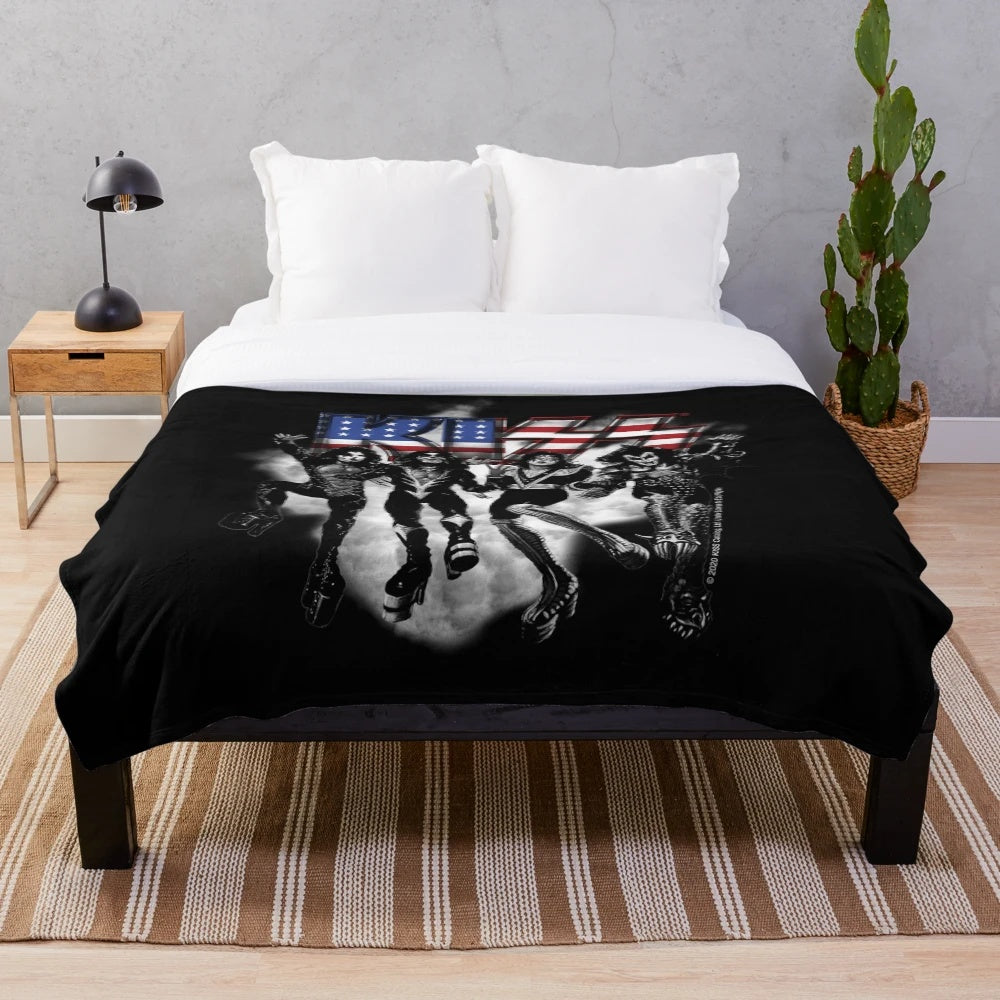 KISS band-inspired Destroyer-themed plush blanket with band members and logo