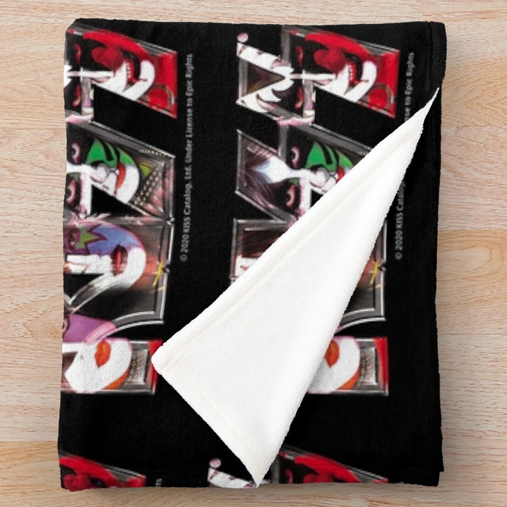 Plush blanket featuring the iconic Kiss band logo and faces of all band members