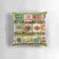 Kiwiana-inspired pillow featuring iconic New Zealand food and drink symbols
