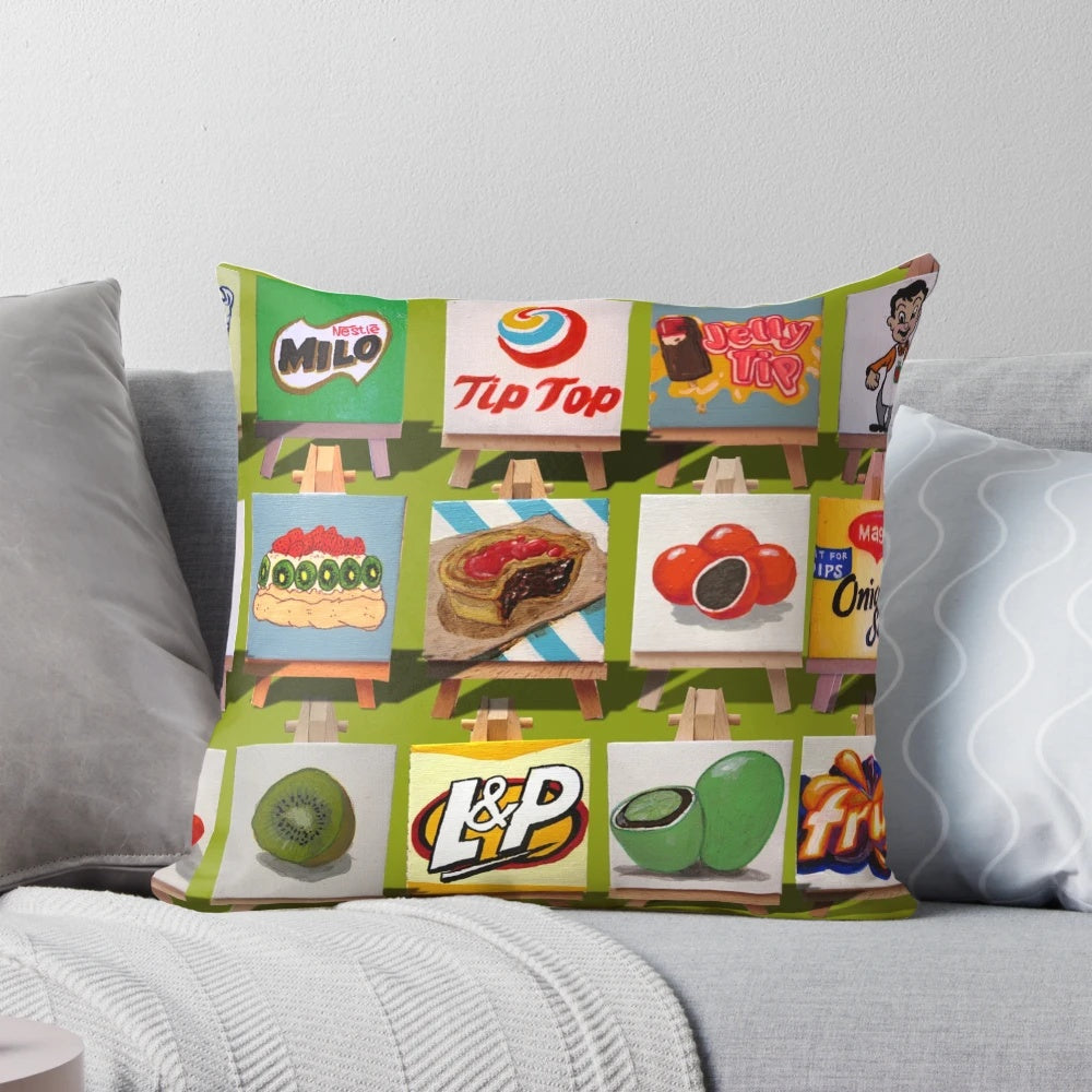 Kiwiana-inspired pillow featuring iconic New Zealand food and drink symbols