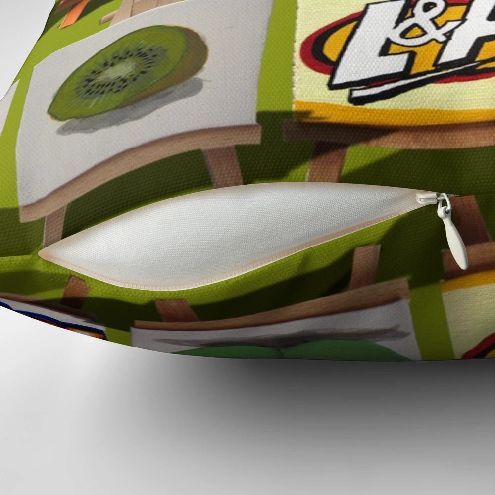 Kiwiana-inspired pillow featuring iconic New Zealand food and drink symbols