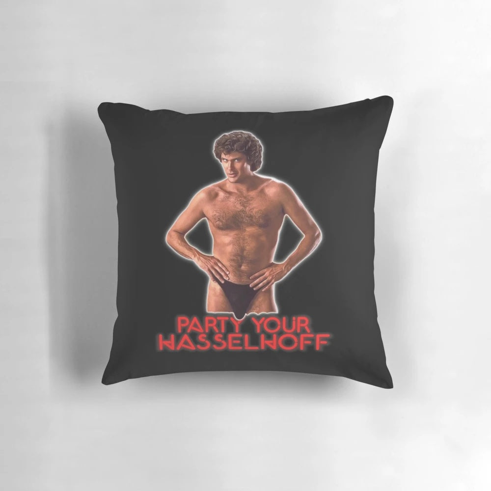 Plush 'Knight Rider' David Hasselhoff themed throw pillow with retro 80s design