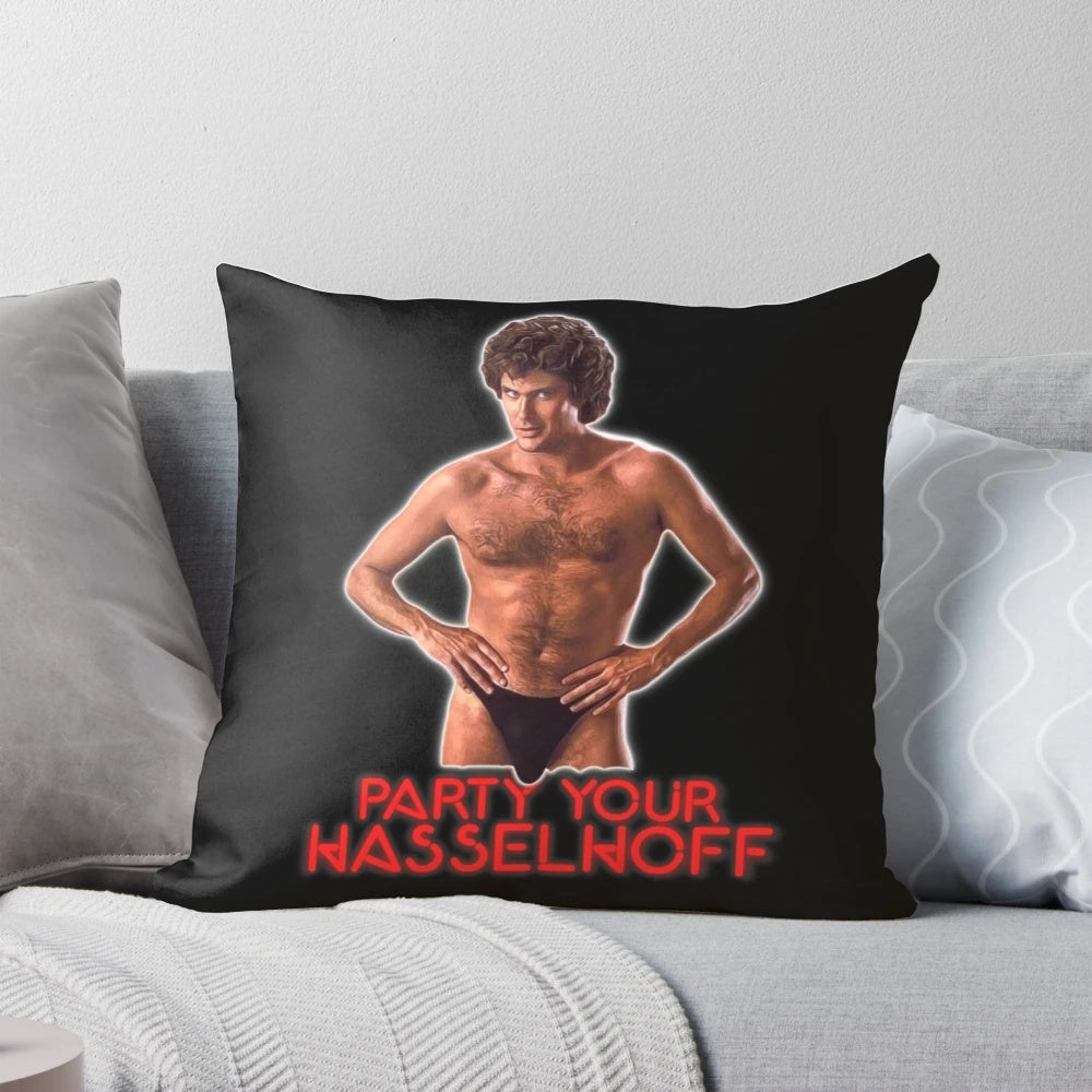 Plush 'Knight Rider' David Hasselhoff themed throw pillow with retro 80s design