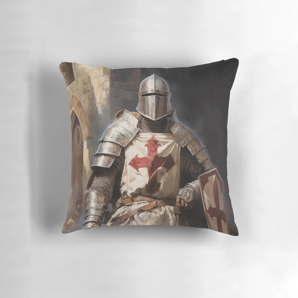 Decorative knight templar pillow featuring medieval armor, sword, shield, and cross insignia