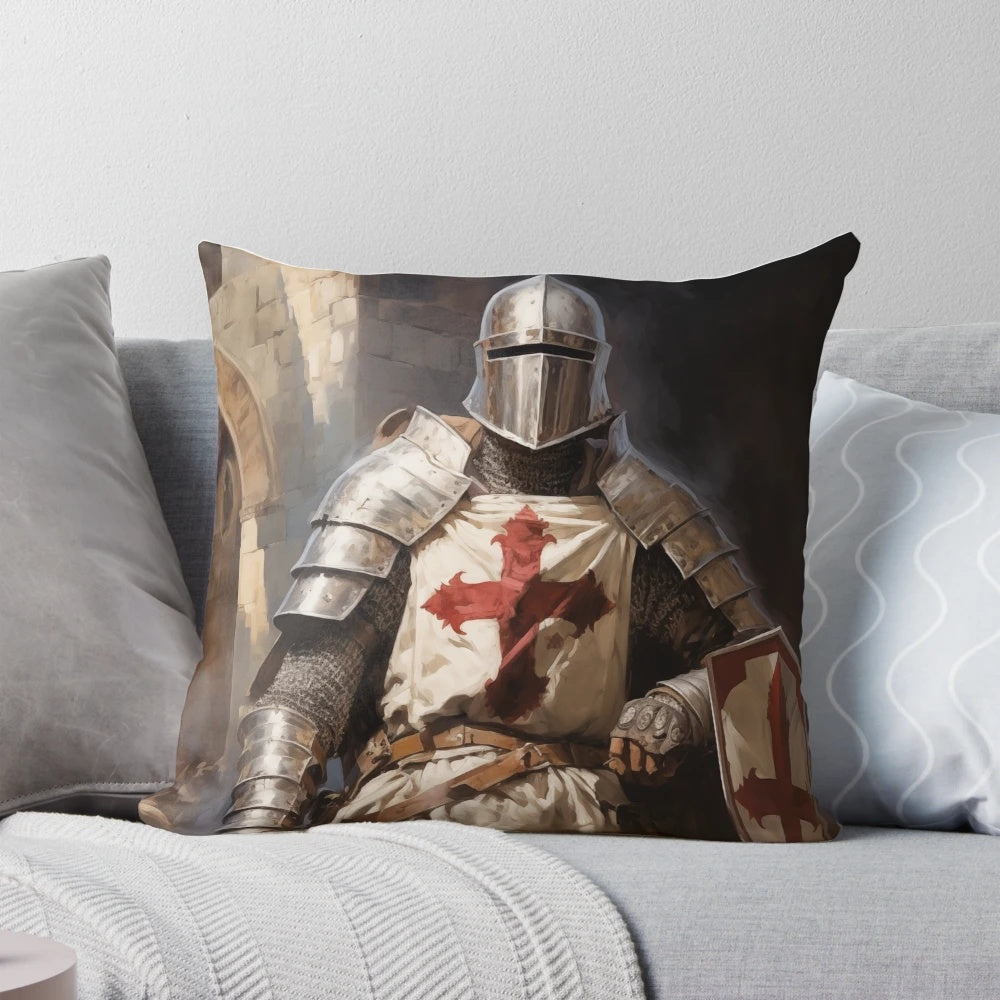 Decorative knight templar pillow featuring medieval armor, sword, shield, and cross insignia