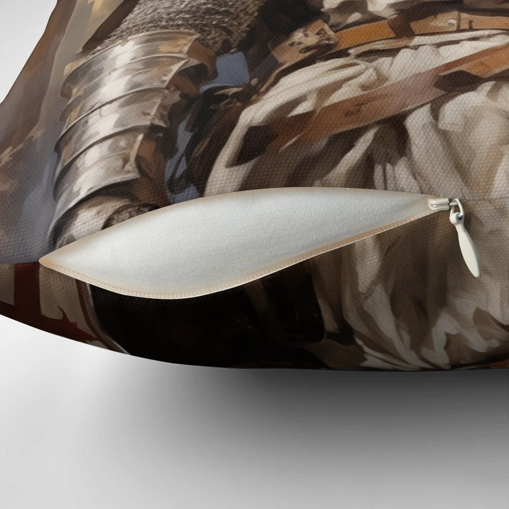 Decorative knight templar pillow featuring medieval armor, sword, shield, and cross insignia