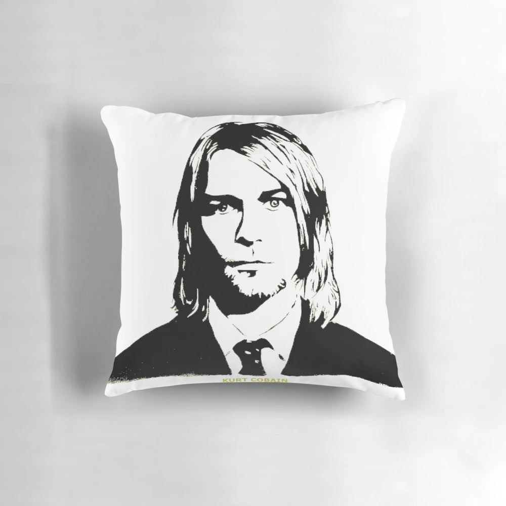 Digital abstract portrait of Kurt Cobain, the legendary Nirvana frontman, on a throw pillow