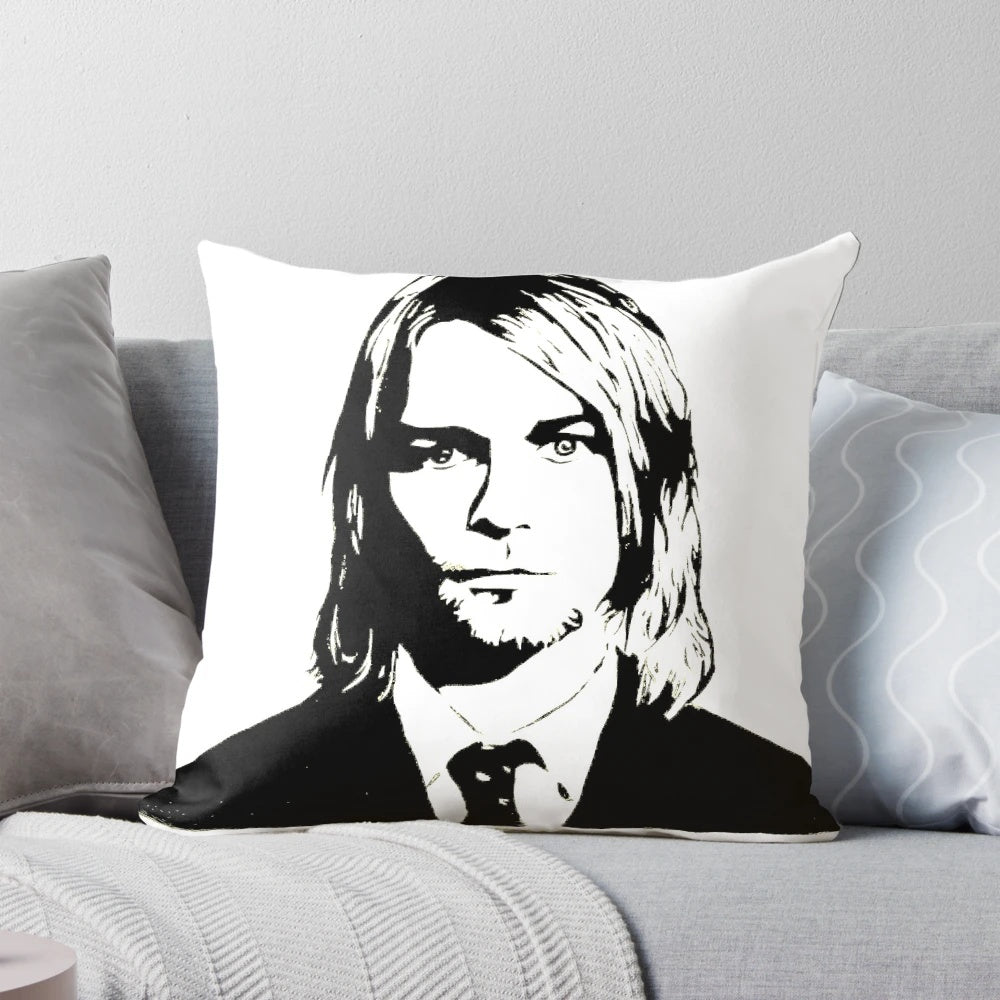 Digital abstract portrait of Kurt Cobain, the legendary Nirvana frontman, on a throw pillow