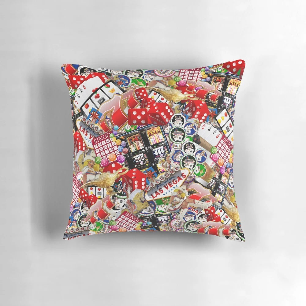 Gambler's Delight - Las Vegas Icons Pillow featuring the iconic Las Vegas sign, poker chips, dice, and other casino elements