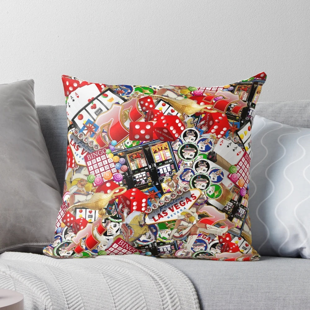 Gambler's Delight - Las Vegas Icons Pillow featuring the iconic Las Vegas sign, poker chips, dice, and other casino elements