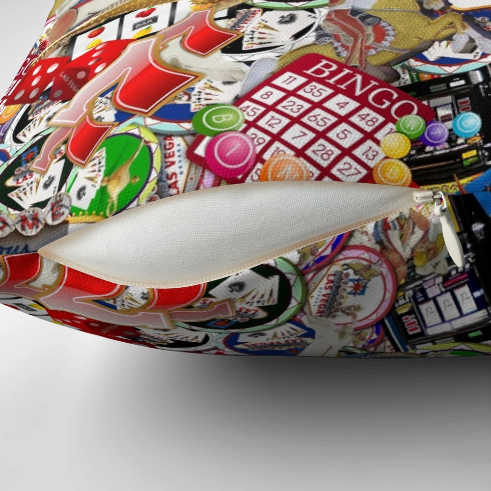 Gambler's Delight - Las Vegas Icons Pillow featuring the iconic Las Vegas sign, poker chips, dice, and other casino elements