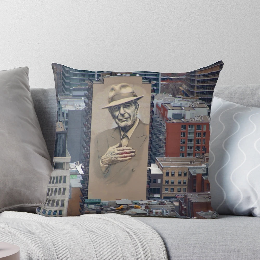 Unique pillow featuring the iconic Leonard Cohen mural on a Montreal landmark building