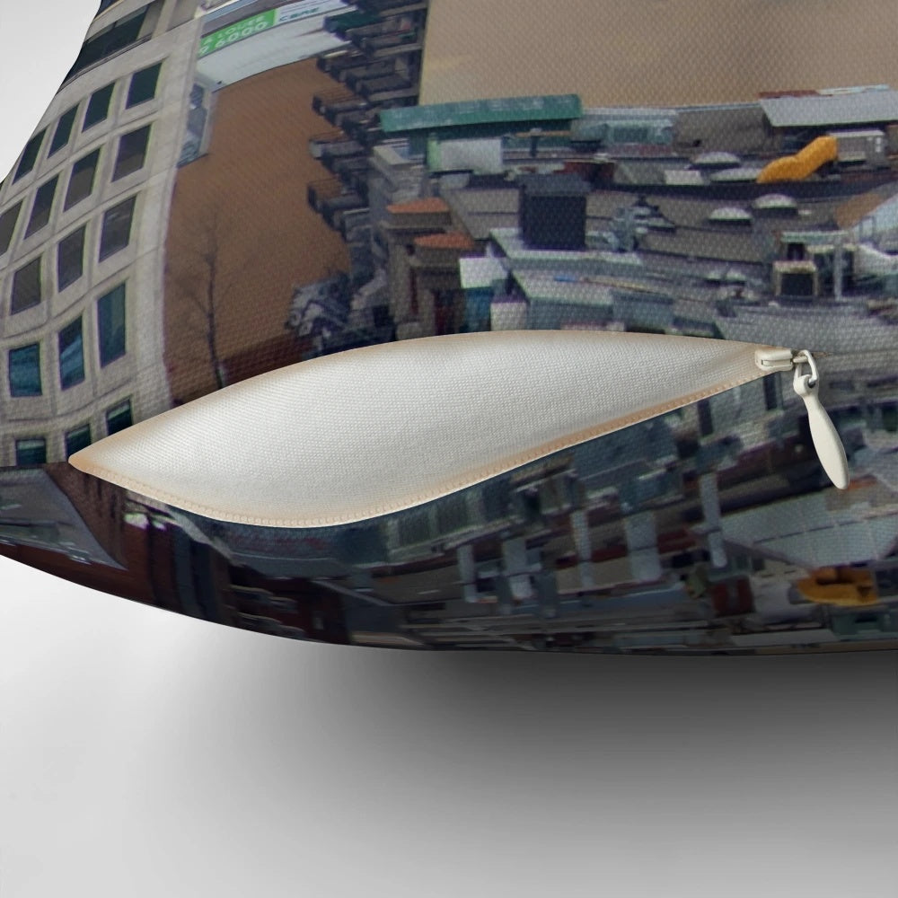 Unique pillow featuring the iconic Leonard Cohen mural on a Montreal landmark building
