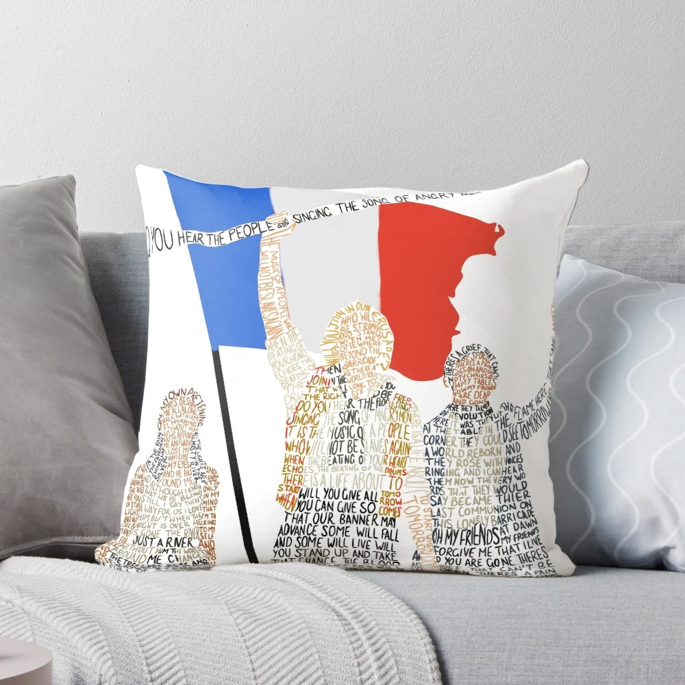 Les Miserables-themed decorative pillow with iconic musical quotes and characters