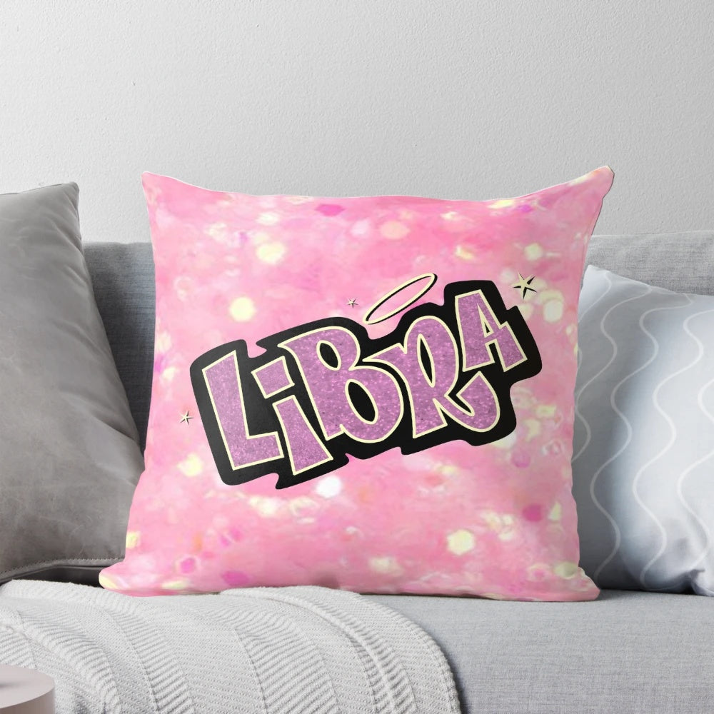 Libra-themed Bratz-style pillow with a glittery pink logo and a cute, nostalgic y2k aesthetic.
