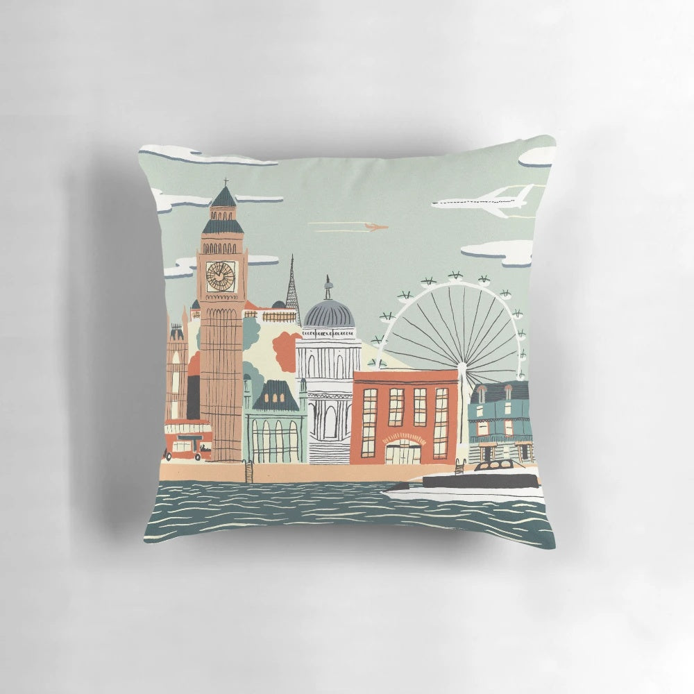 Pillow featuring iconic London landmarks like Big Ben, London Eye, and St. Paul's Cathedral