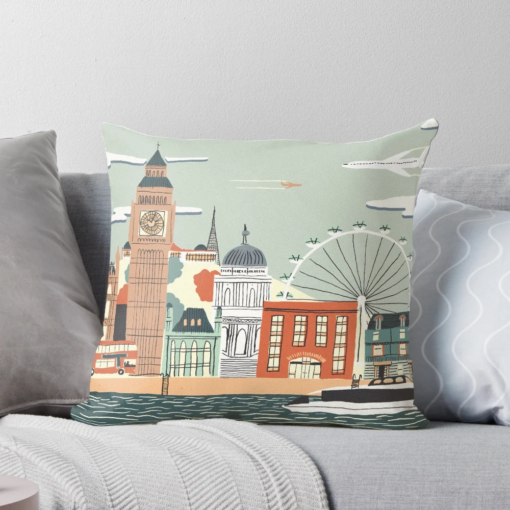 Pillow featuring iconic London landmarks like Big Ben, London Eye, and St. Paul's Cathedral
