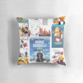 Decorative pillow featuring a compilation of iconic Louis de Funes movie posters