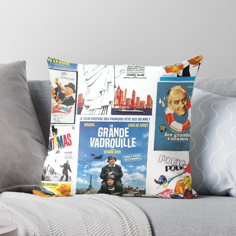 Decorative pillow featuring a compilation of iconic Louis de Funes movie posters