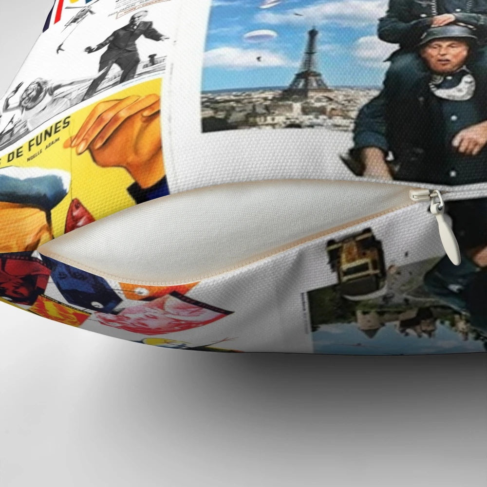 Decorative pillow featuring a compilation of iconic Louis de Funes movie posters