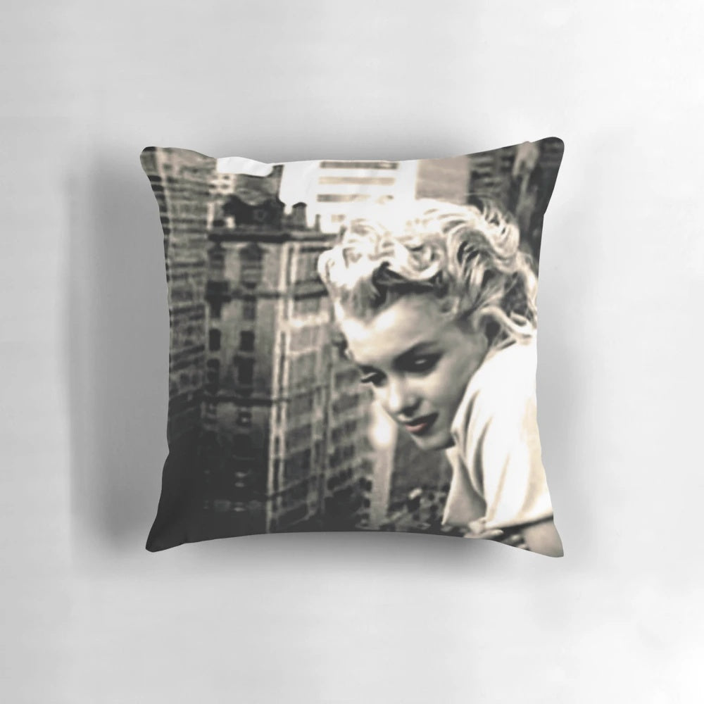 Marilyn Monroe iconic sepia-tone photograph from 1955 featured on a high-quality throw pillow.